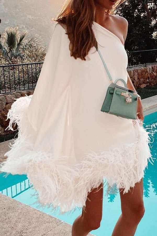 Fuzzy Trim One Shoulder Unique Cape Mini Dress