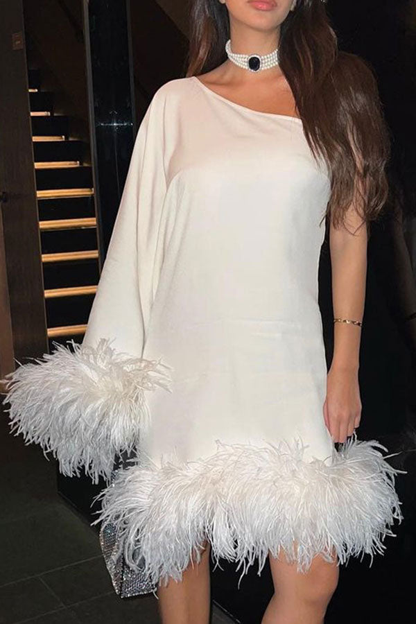 Fuzzy Trim One Shoulder Unique Cape Mini Dress