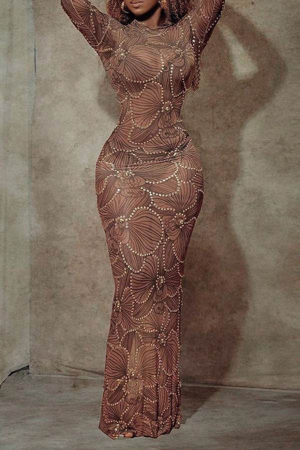 Rhinestone Trim Flower Print Funky See-Through Maxi Dress