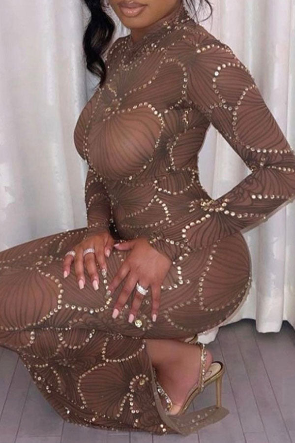 Rhinestone Trim Flower Print Funky See-Through Maxi Dress