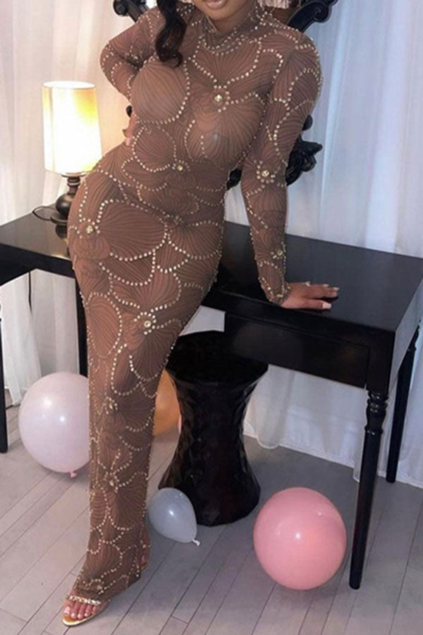 Rhinestone Trim Flower Print Funky See-Through Maxi Dress