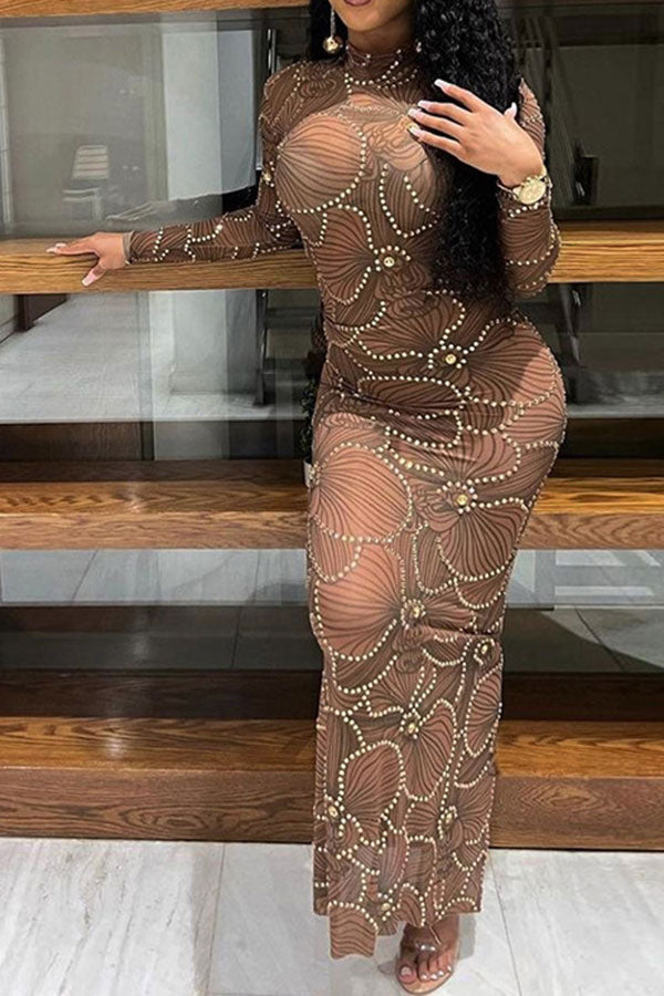 Rhinestone Trim Flower Print Funky See-Through Maxi Dress