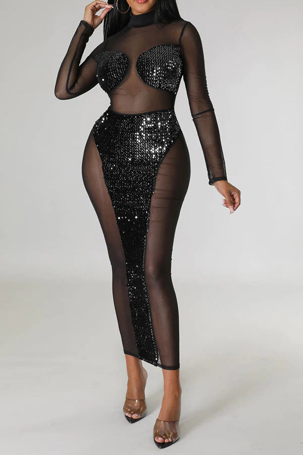 Sequined Patchwork Kitsch See-Through Midi Dress