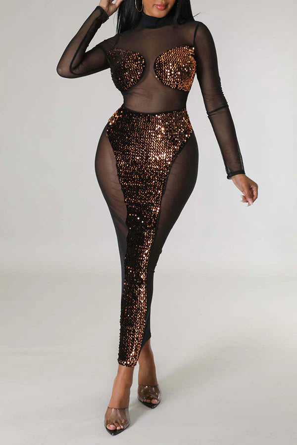 Sequined Patchwork Kitsch See-Through Midi Dress