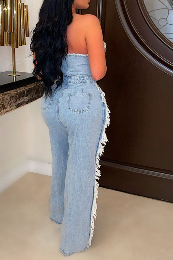 Rivet Decor Undeniable Ripped Burrs Denim Jumpsuit