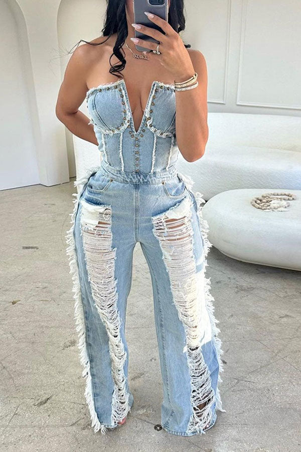 Rivet Decor Undeniable Ripped Burrs Denim Jumpsuit