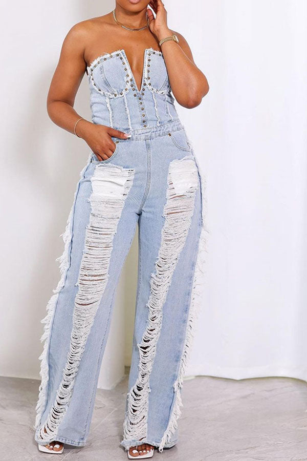 Rivet Decor Undeniable Ripped Burrs Denim Jumpsuit