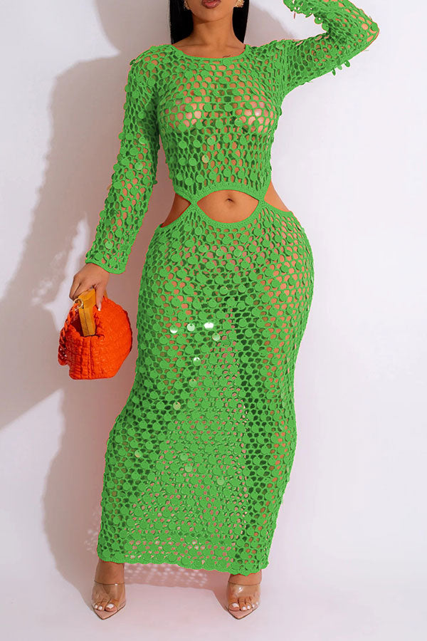 Sequined Romantic Cutout Crochet Maxi Dress