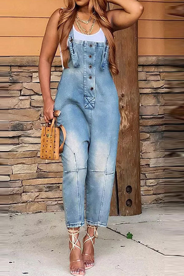 Gradient Casual Suspender Denim Jumpsuit