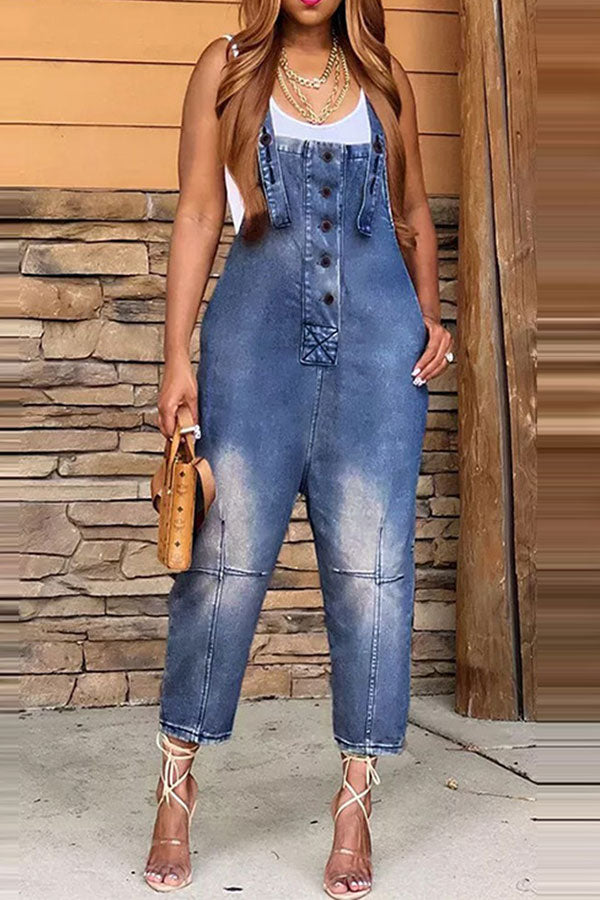 Gradient Casual Suspender Denim Jumpsuit