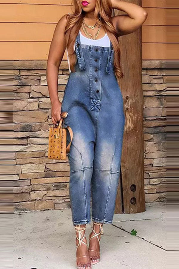 Gradient Casual Suspender Denim Jumpsuit