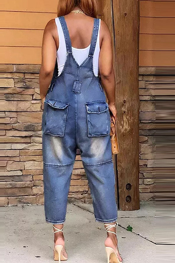 Gradient Casual Suspender Denim Jumpsuit