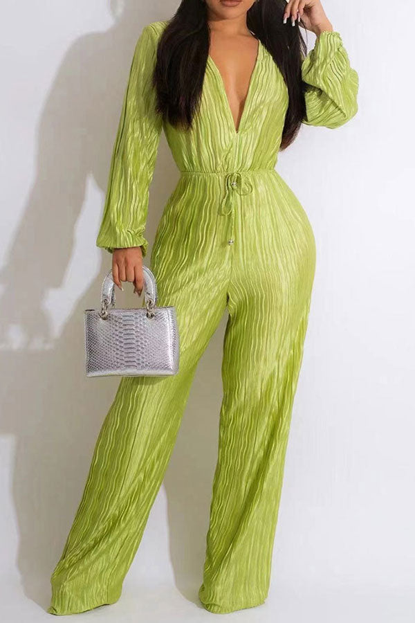 Solid Color Simple Drawstring Pleated Jumpsuit
