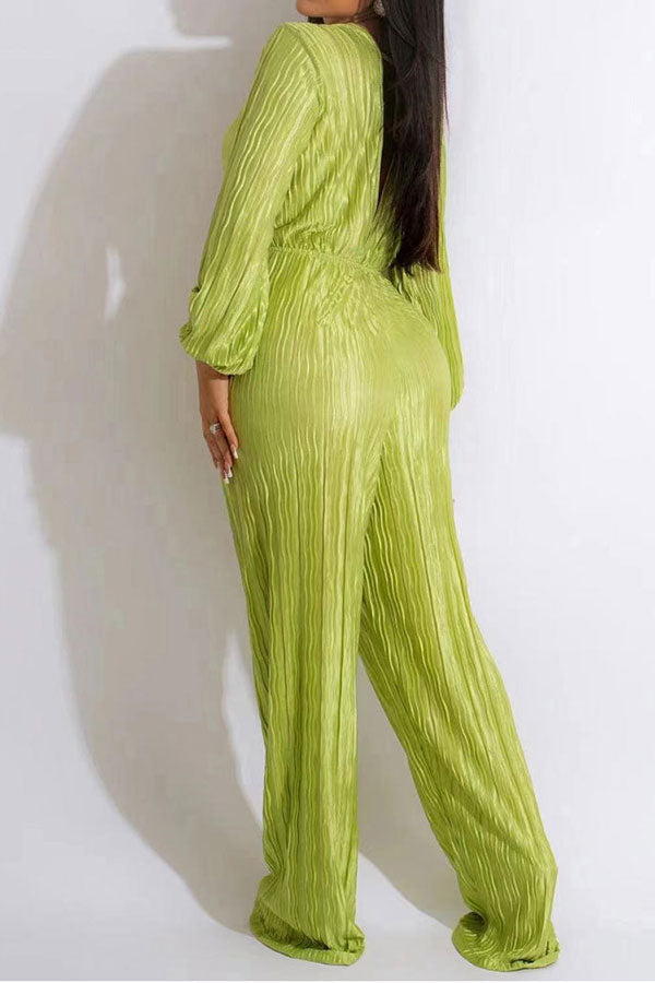 Solid Color Simple Drawstring Pleated Jumpsuit