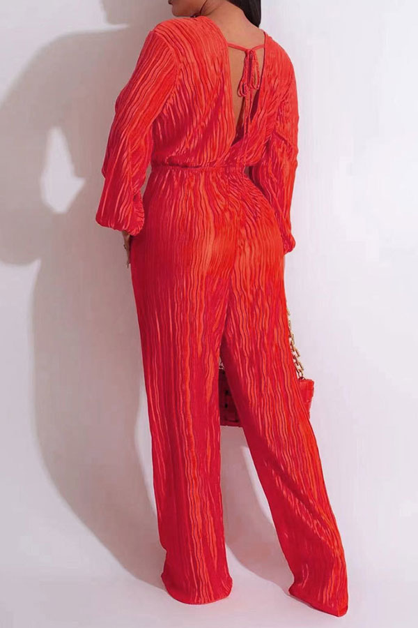 Solid Color Simple Drawstring Pleated Jumpsuit