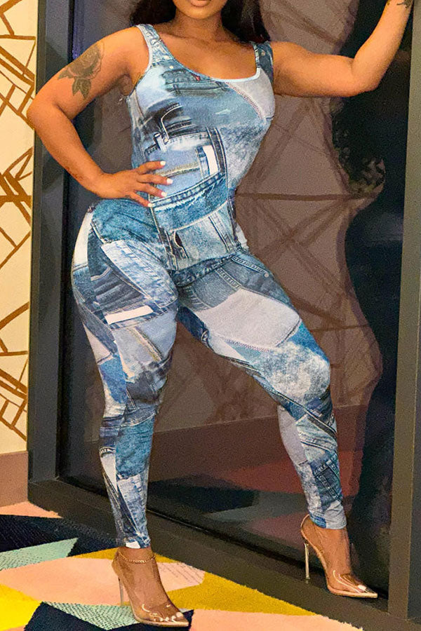 Denim Print Stylish Bodycon Jumpsuit