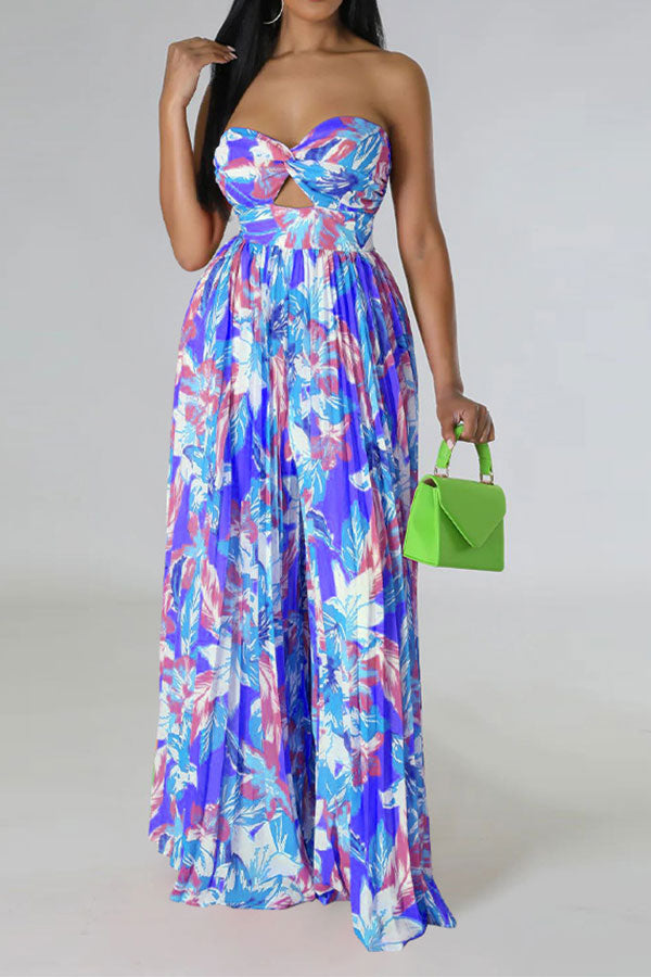 Floral Print Twisted Detail On-trend Pleated Jumpsuit