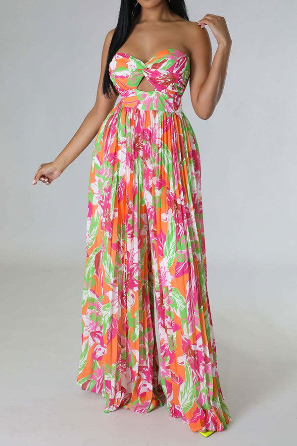 Floral Print Twisted Detail On-trend Pleated Jumpsuit