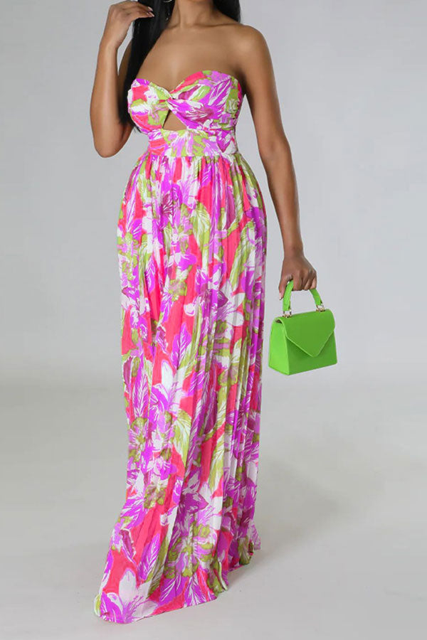 Floral Print Twisted Detail On-trend Pleated Jumpsuit