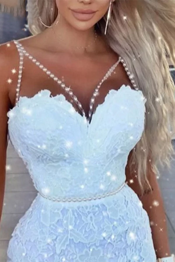 Lace Elegant Pearl Strap Mini Dress
