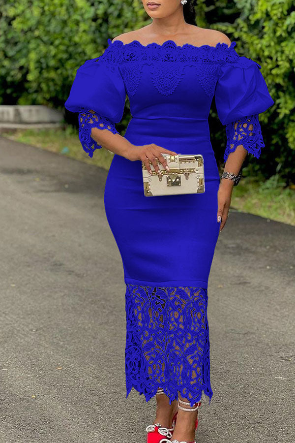 Lace Patchwork Elegant Off Shoulder Midi Dress