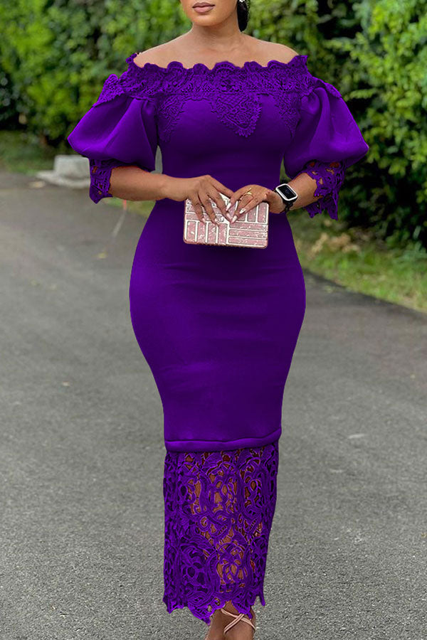 Lace Patchwork Elegant Off Shoulder Midi Dress