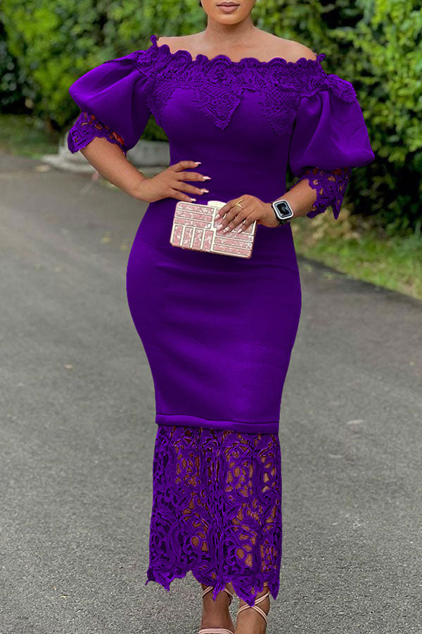 Lace Patchwork Elegant Off Shoulder Midi Dress
