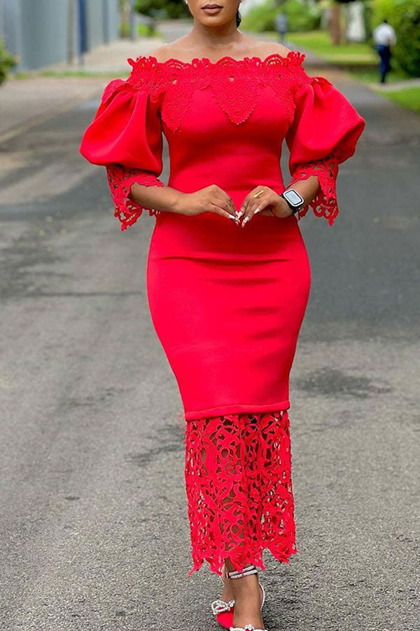Lace Patchwork Elegant Off Shoulder Midi Dress