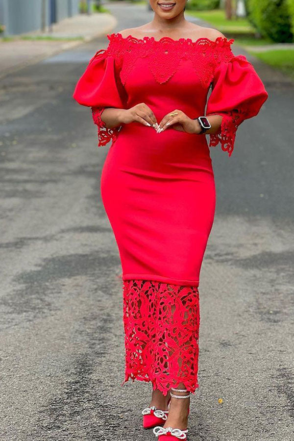 Lace Patchwork Elegant Off Shoulder Midi Dress