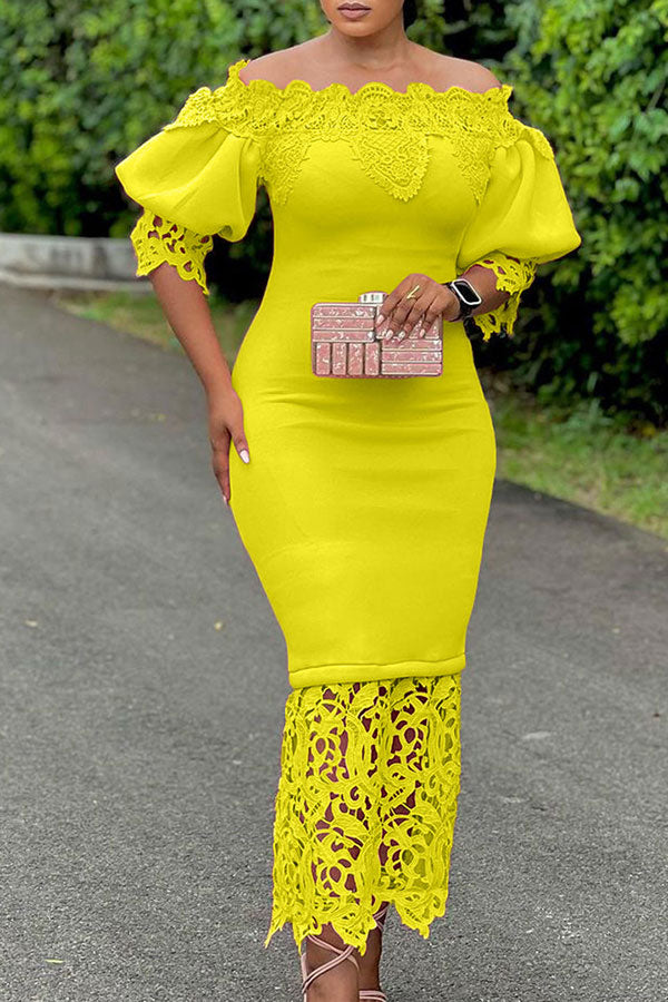 Lace Patchwork Elegant Off Shoulder Midi Dress