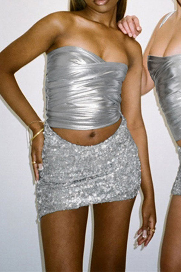 Metallic Hot Strappy Sequined Dress Suit