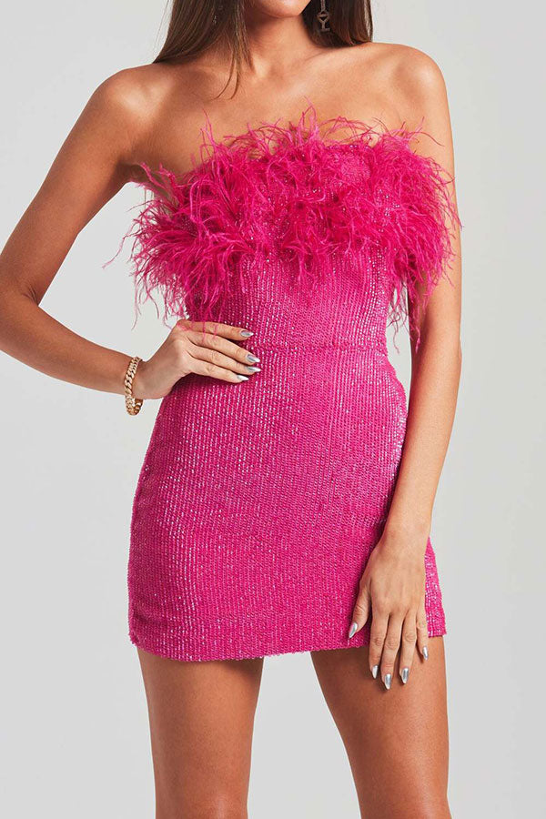 Sequined Romantic Feather Design Mini Dress