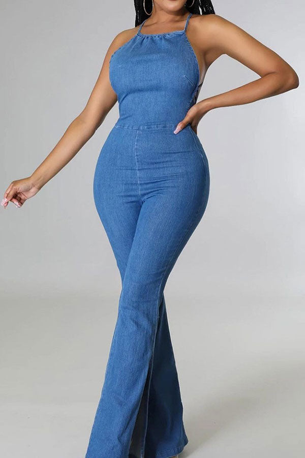Solid Color Urban Strappy Back Denim Jumpsuit