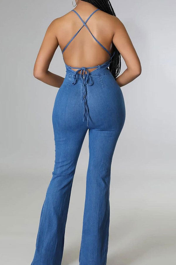 Solid Color Urban Strappy Back Denim Jumpsuit