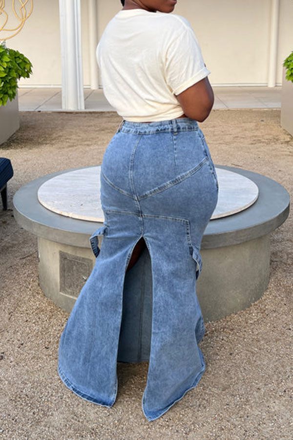 Solid Color Pretty Split Back Fishtail Denim Skirt