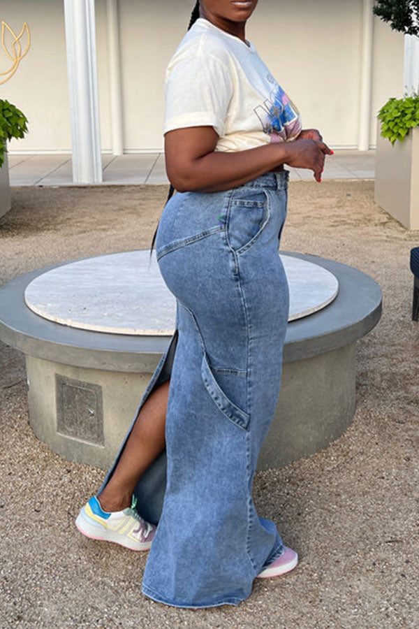 Solid Color Pretty Split Back Fishtail Denim Skirt