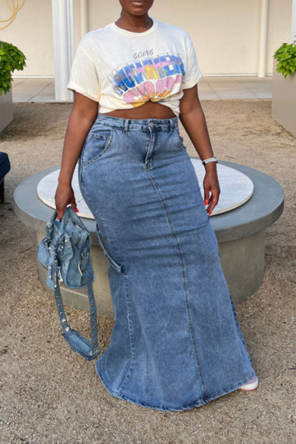 Solid Color Pretty Split Back Fishtail Denim Skirt