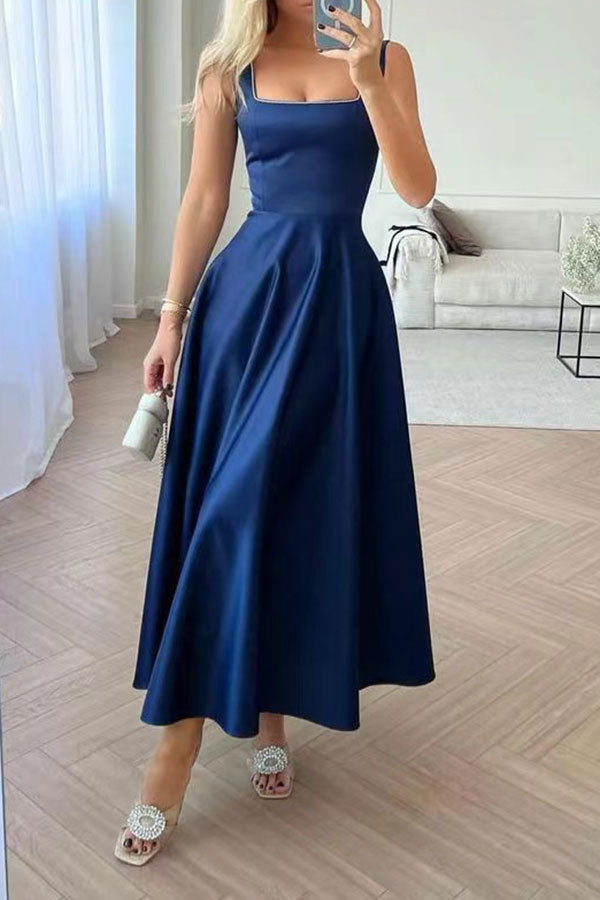 Solid Color Simple Swing Pleated Midi Dress