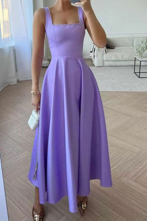Solid Color Simple Swing Pleated Midi Dress