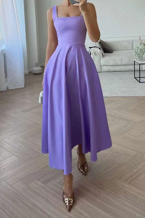 Solid Color Simple Swing Pleated Midi Dress