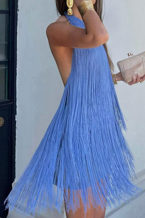 Solid Color Feminine Backless Tassel Mini Dress