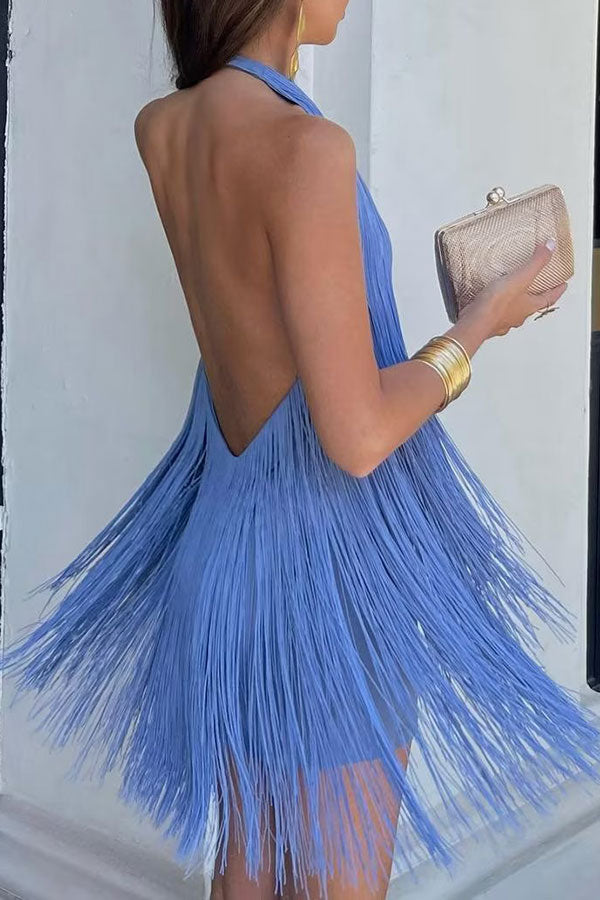 Solid Color Feminine Backless Tassel Mini Dress