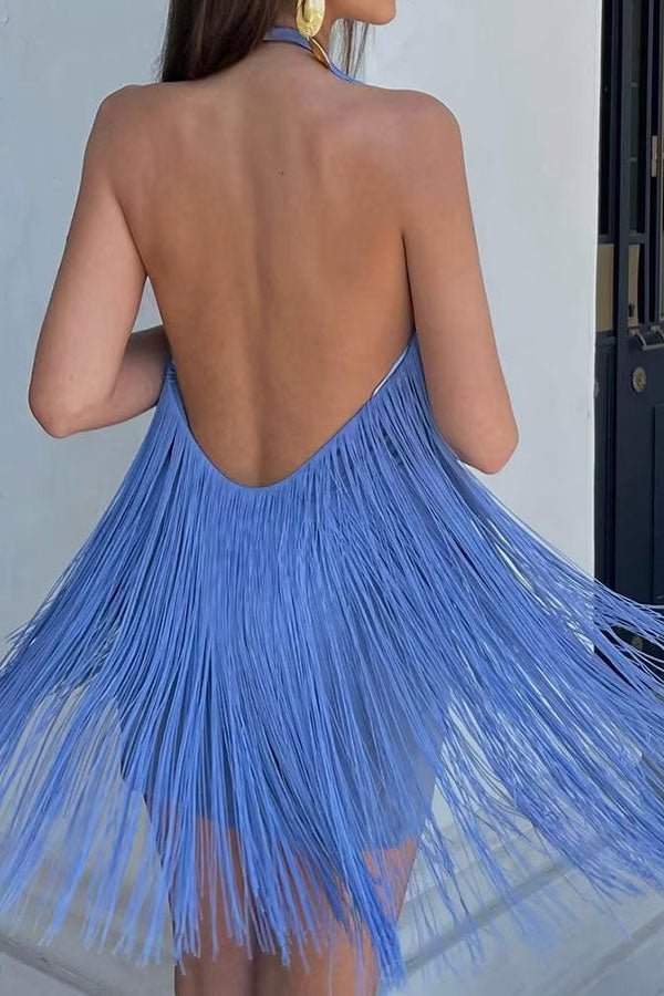 Solid Color Feminine Backless Tassel Mini Dress