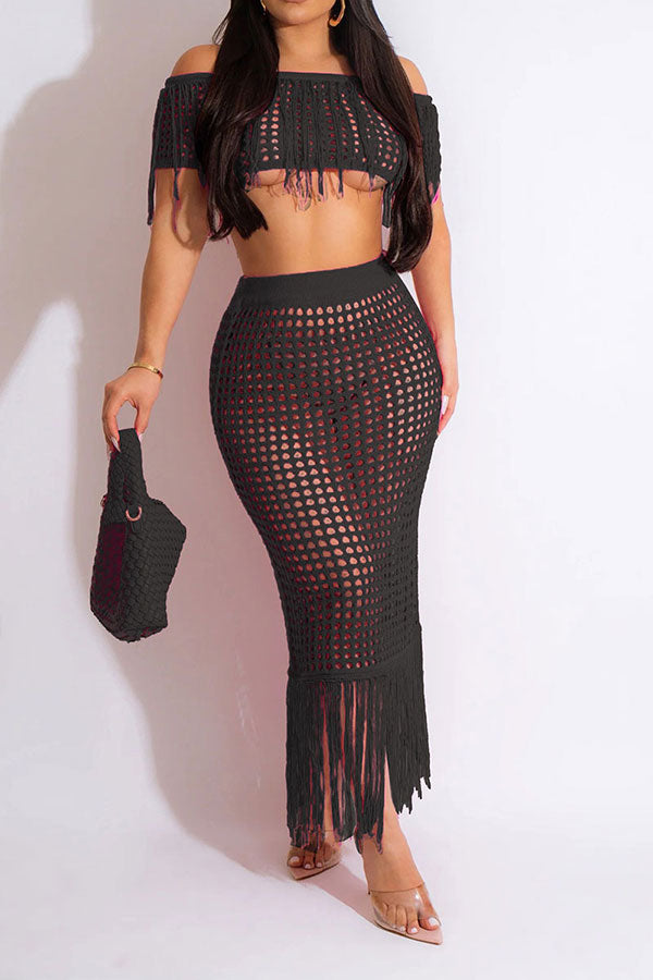 Crochet Hollow-Out On-trend Tassel Skirt Suit Beachwear