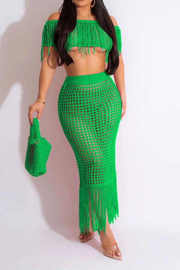 Crochet Hollow-Out On-trend Tassel Skirt Suit Beachwear