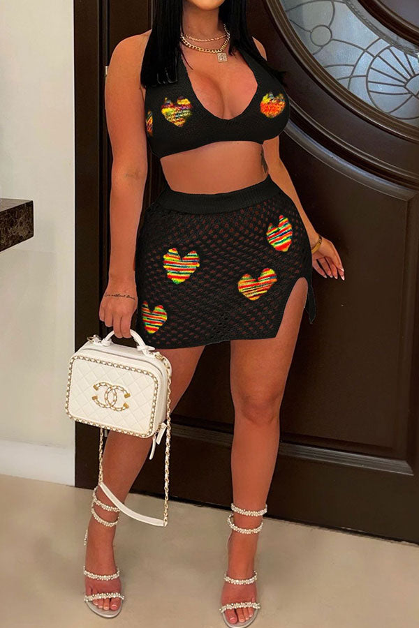 Heart Jacquard Hollow-Out Flattering Skirt Suit Beachwear