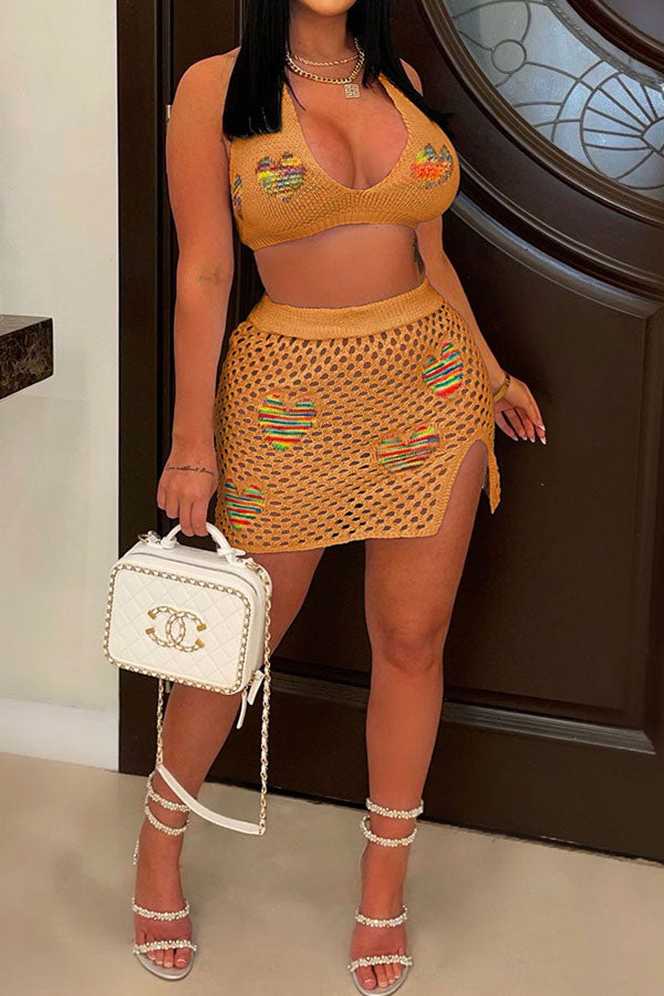 Heart Jacquard Hollow-Out Flattering Skirt Suit Beachwear