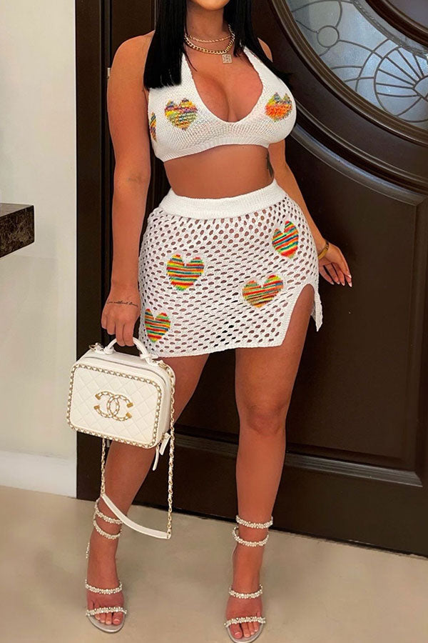 Heart Jacquard Hollow-Out Flattering Skirt Suit Beachwear