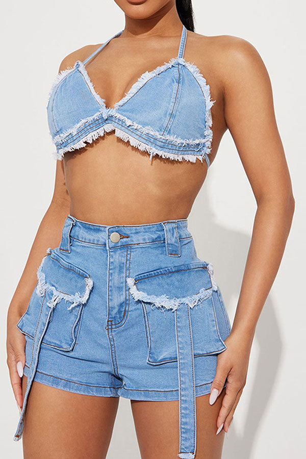 Denim Burrs Party Patch Pocket Pant Suit