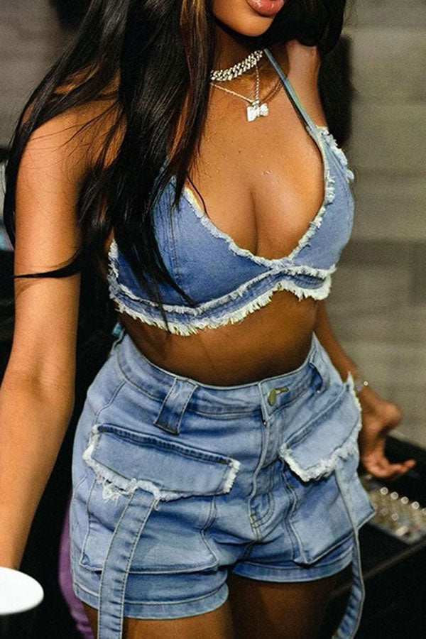 Denim Burrs Party Patch Pocket Pant Suit